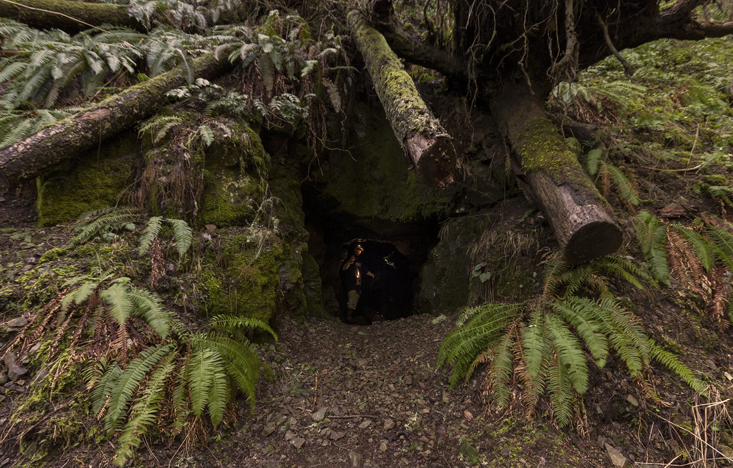 Kevin Perron emerges from the cave, Oregon